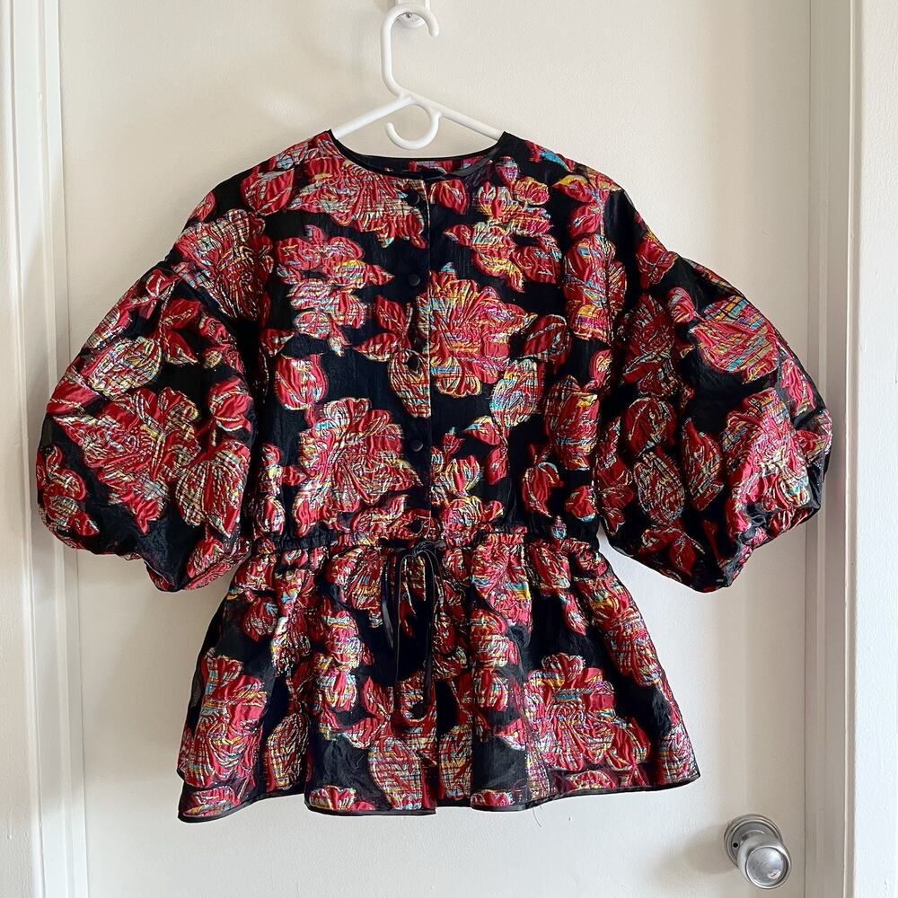 AKIRA Floral Puff Sleeve Blouse - Red and Black